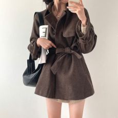 批发chic 冬季韩版英伦<b class='q'>时尚</b>简约翻领系带复古双排扣<b class='q'>风衣</b>毛呢外套大衣