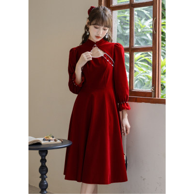 实拍售价不低于128~秋冬法式复古红色长袖拜年礼服敬酒服连衣裙