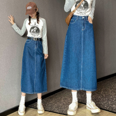 实拍  秋冬牛仔半身裙开叉显瘦百搭韩版简约中长裙大码女装230斤
