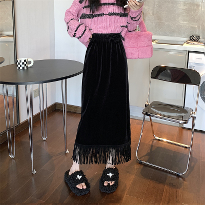 实拍实价~温柔风时尚黑色包臀半身裙女流苏高腰显瘦中长款a字裙