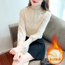 批发蕾丝打底衫2026年新款复古甜美<b class='q'>泡泡袖</b>上衣女加绒加厚蕾丝小衫