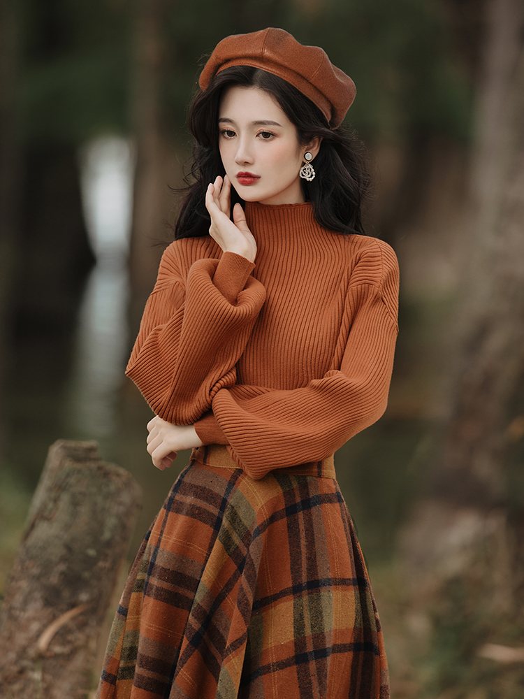 저녁 연 실사 두꺼운 벌룬 소매 좋은 품질 니트 스웨터 디자인 센스 모직 반신 치마 세트