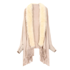 批发欧美胖MM仿狐狸毛领流苏大码中长款斗篷披肩外套