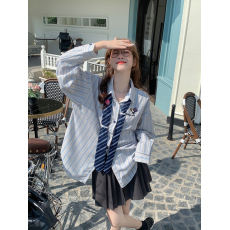 批发实价美式古着vintage感领带条纹<b class='q'>衬衫</b>女2026百搭宽松<b class='q'>长袖</b>上衣ins潮