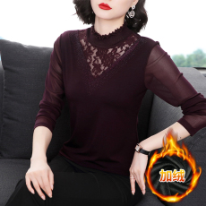 批发纯色拼接蕾丝烫钻<b class='q'>妈妈</b>装<b class='q'>秋装</b>半高领打底衫长袖上衣秋冬<b class='q'>中老年</b>T恤