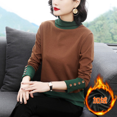 批发长袖半高领打底衫女<b class='q'>秋装</b>2025新款韩版加绒撞色上衣<b class='q'>妈妈</b>装秋冬小衫