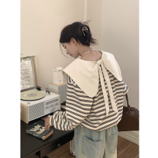 批发实拍大码~春款设计感蝴蝶结娃娃领条纹长袖卫衣时尚减龄宽松上衣