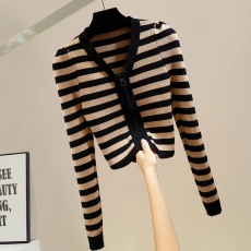 批发时尚条纹双拉链V领修身长袖毛针织衫打底衫小众设计感气质上衣潮