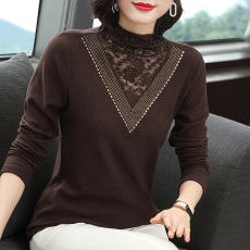 批发半高领蕾丝小衫洋气妈妈镶钻长袖<b class='q'>上衣</b>潮女士打底衫新款2025女装潮