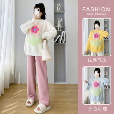 实拍现货2022秋冬甜美花朵糖果色毛衣+托腹阔腿裤孕妇加厚套装
