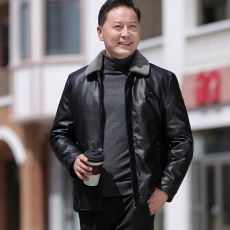 批发中老年<b class='q'>商务</b>羽绒绒服男爸爸装可脱卸内胆PU皮真毛翻领可卸