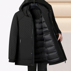 批发中年中长款羽绒服男爸爸装连帽可卸中老年人印花拼接羽绒上衣<b class='q'>商务</b>