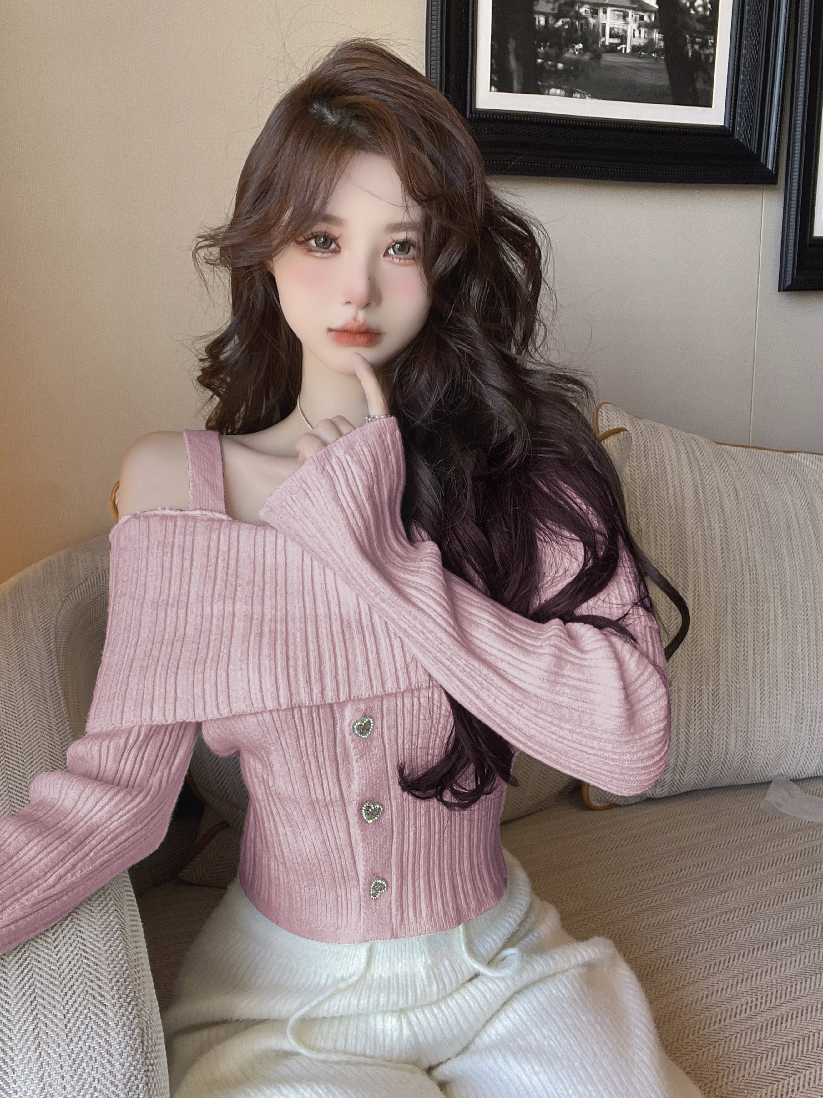 Real shot of imitation mink velvet knitted sexy off-shoulder slim sweater pure desire short soft waxy gentle style bottoming shirt