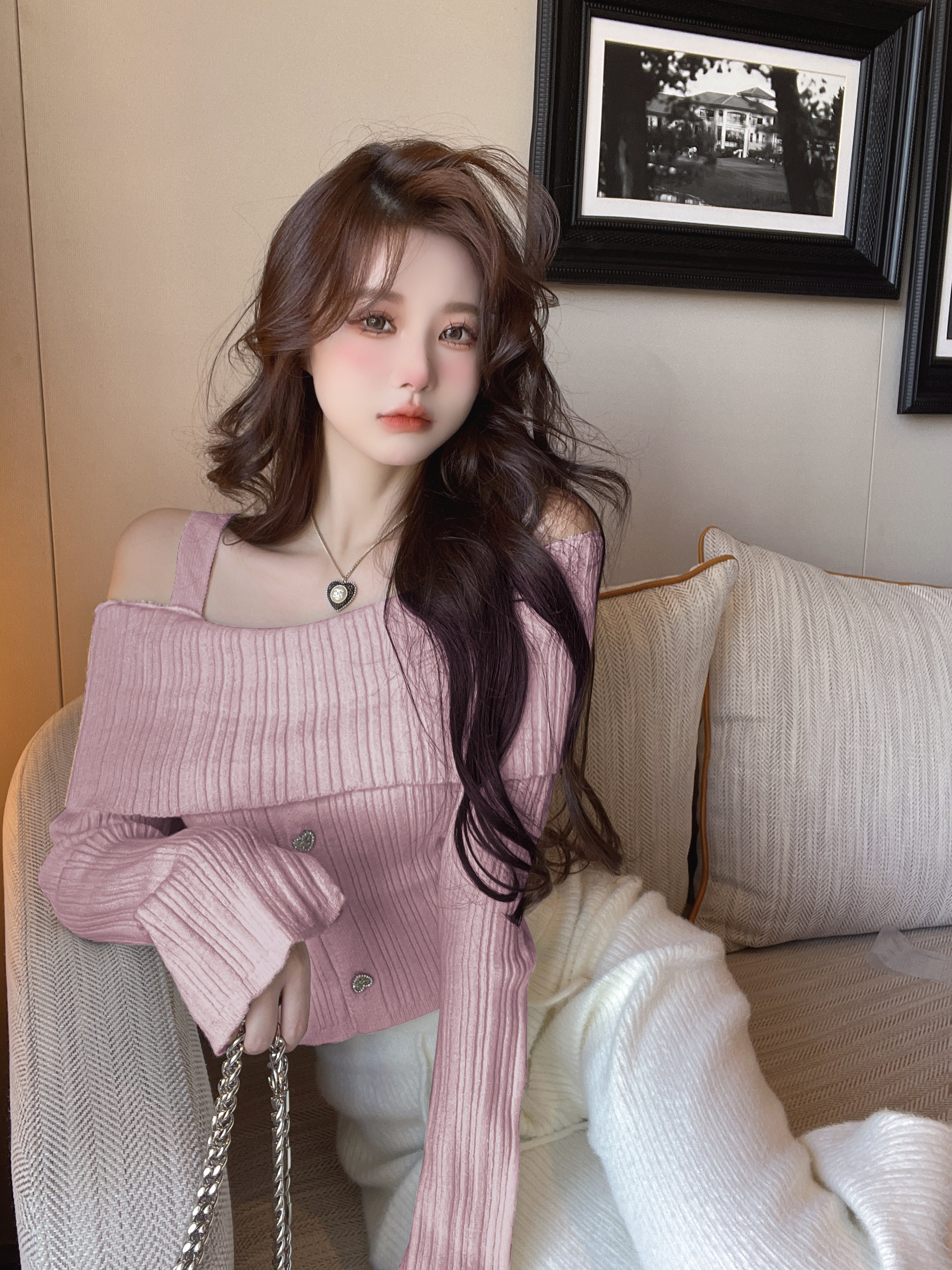 Real shot of imitation mink velvet knitted sexy off-shoulder slim sweater pure desire short soft waxy gentle style bottoming shirt