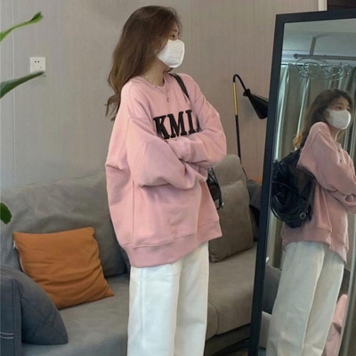 长袖上衣chic春秋慵懒风宽松oversize小众高街潮牌ins粉色卫衣女