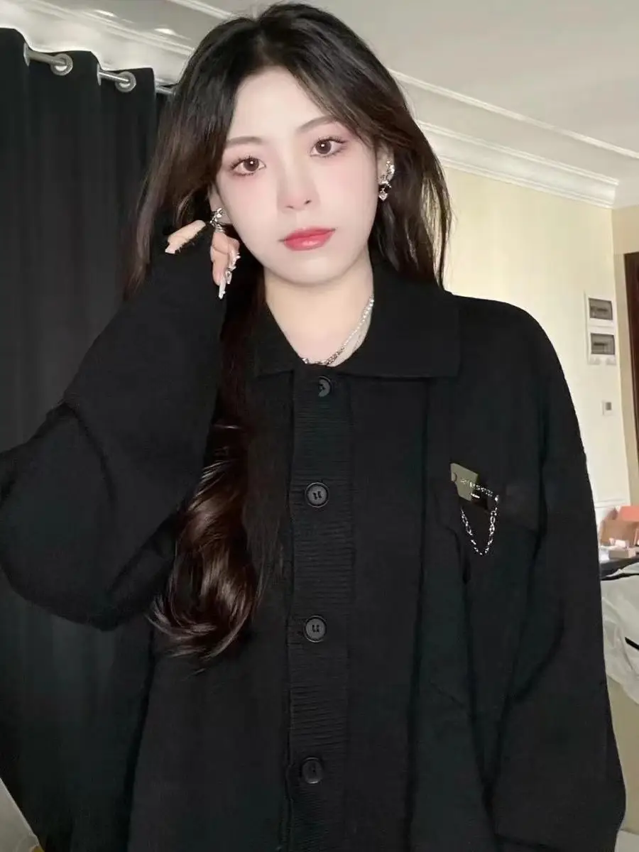 폴드 칼라 단색 가디건 상세 이미지 1