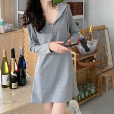 批发春秋<b class='q'>大码</b>女装长袖中长款拉链连帽卫衣T恤女宽松显瘦慵懒风连衣裙