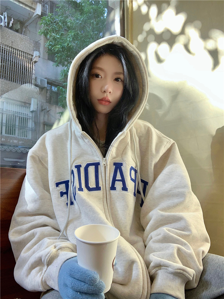 实拍实价大码加绒加厚上衣外套oversize开衫连帽宽松慵懒风卫衣女