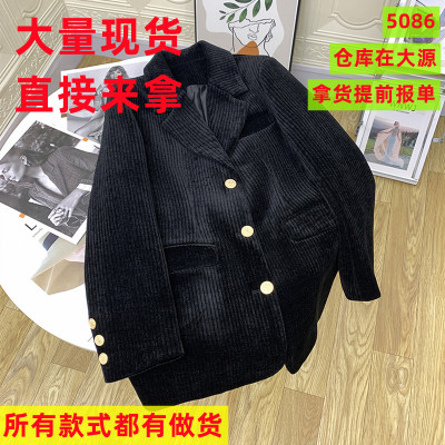 黑色灯芯绒2022秋冬西装外套女韩版宽松休闲雪尼尔高级感复古西服
