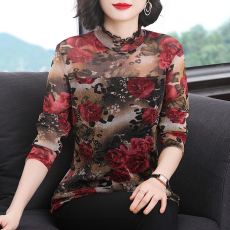 批发半高领打底衫女长袖网纱修身内搭上衣中年妈妈时尚洋气薄款小衫