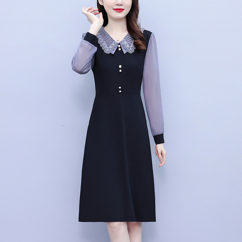 PF19976#大码女装法式小黑裙气质时尚刺绣拼接收腰显瘦中年妈妈连衣裙女裝貨源服裝批發