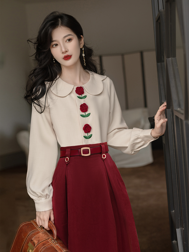 저녁 연 진짜 사진 찍기 새로운 레트로 장미 자수 수공 꽃 베이비 칼라 맨위 빨간색 반신 스커트 벨트 보내기