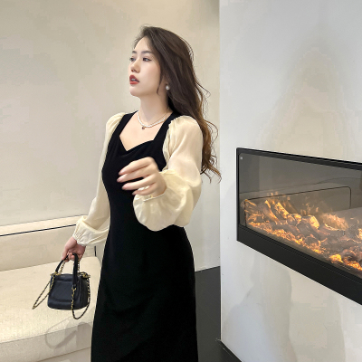 2022胖mm法式金丝绒泡泡袖连衣裙大码女装赫本风高级感气质长裙