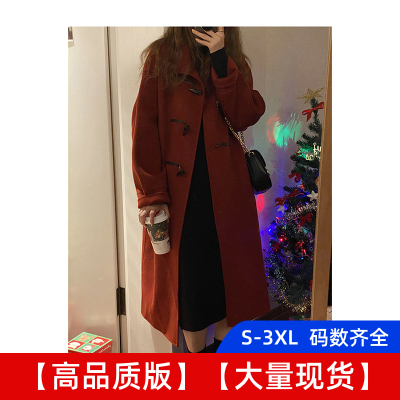 2022年新款小个子牛角扣呢子大衣秋冬季长款红色毛呢外套女厚韩系