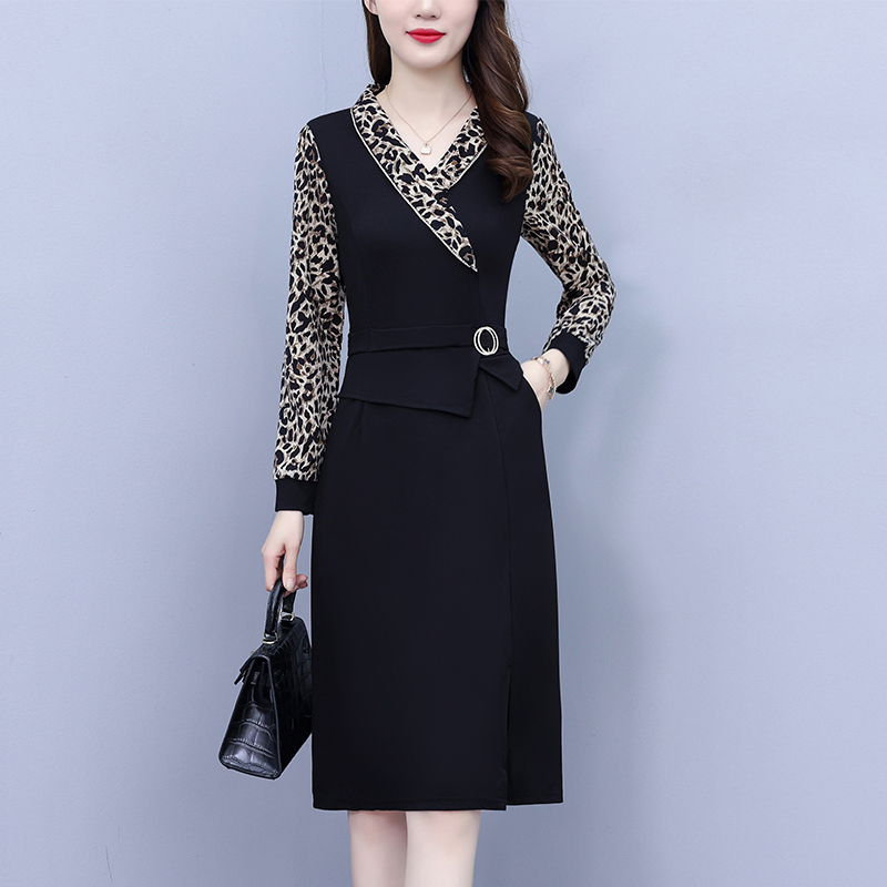 PF19989#大码女装新款胖mm豹纹西装领拼接气质显瘦中年妈妈连衣裙收腰女裝貨源服裝批發