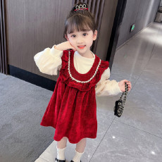 韩国绒女童法式背带裙套装女宝春秋泡泡袖打底衫公主裙两件套