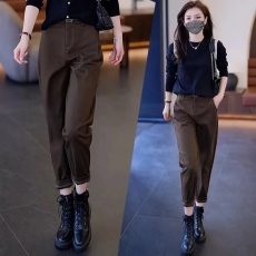 批发毛呢烟管裤女<b class='q'>秋</b>冬季2025新款咖色休闲女裤高腰显瘦加绒加厚哈伦裤