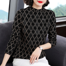批发中年<b class='q'>妈妈装</b>气质通勤修身型上衣韩版时尚几何图形半高领长袖打底衣