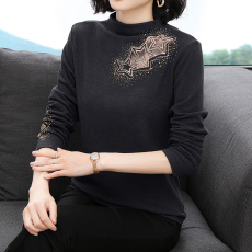 批发2025年秋冬新款长袖半高领打底衫韩版镂空烫钻<b class='q'>妈妈装</b>套头纯色上衣