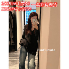批发SUN11宽松V领毛衣女慵懒风2022秋冬新款高级感长袖套头针织衫上衣