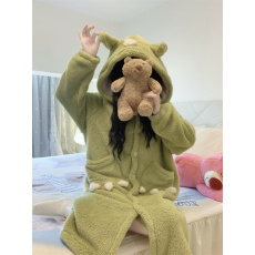 批发实拍实价  <b class='q'>冬</b>季新款加厚韩版宽松小怪兽绿色连帽睡裙