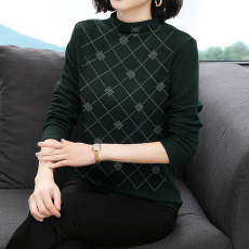 批发秋冬中年<b class='q'>大码</b>妈妈装纯色半高领打底衫休闲百搭<b class='q'>长袖</b>套头烫钻上衣