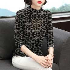 批发中年<b class='q'>大码</b>妈妈装烫钻半高领<b class='q'>长袖</b>气质通勤几何印花修身版型套头上衣