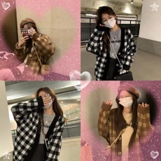 批发2026春秋款咖色<b class='q'>棋盘</b><b class='q'>格</b>毛衣外套女韩版宽松V领单排扣软糯开衫