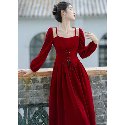 实拍售价不低于155 法式高级红色敬酒服礼服连衣裙
