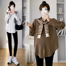 批发实拍孕妇装秋<b class='q'>冬</b>新款简约休闲单排扣中长款百搭衬衣配披肩