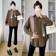 批发实拍孕妇装秋<b class='q'>冬</b>新款简约休闲单排扣中长款百搭衬衣配披肩