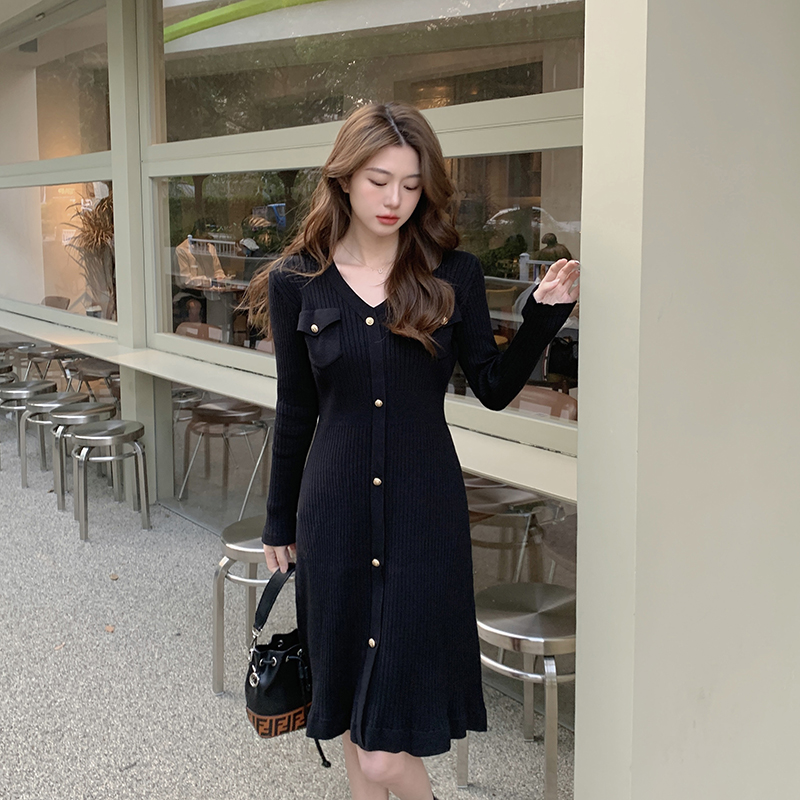 MY14392# 大码女装新款针织连衣裙法式时尚显瘦配大衣中长款打底裙女裝...