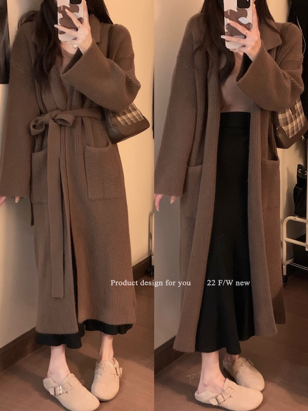 실사 정가 커피 색상 폴로 칼라 롱 코트 스웨터 여자 가을 겨울 느긋한 고급 부드러운 찹쌀 루즈핏 니트 재킷 두꺼운