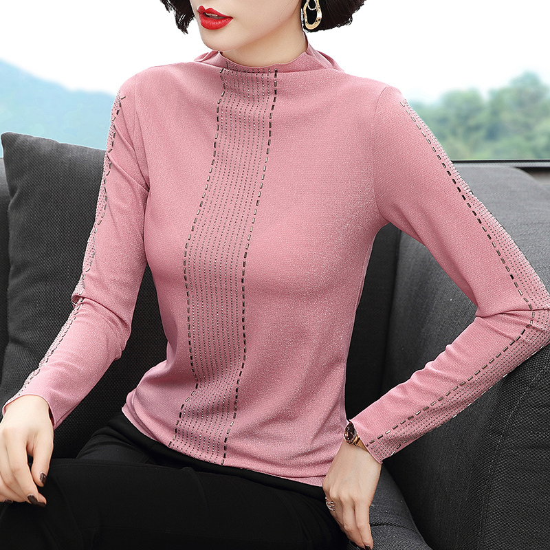 MY14194# 女士洋气时尚新款半高领打底衫镶钻上衣妈妈修身薄款内搭女裝...