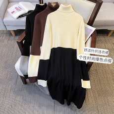 批发特价<b class='q'>大码</b>女装冬装胖mm气质百搭设计感撞色拼接高领针织打底连衣裙