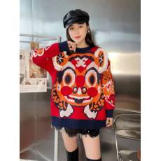 批发韩版炸街加厚秋冬装虎虎生威红色虎头毛衣针织衫上衣