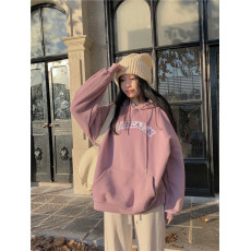 实拍实价~加绒加厚连帽卫衣女装秋季新款复古字母刺绣卫衣