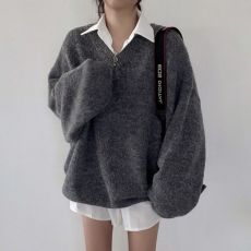 批发实拍大码 <b class='q'>秋</b>冬韩版中长款毛衣v领套头宽松慵懒手袖镂空设计针织衫