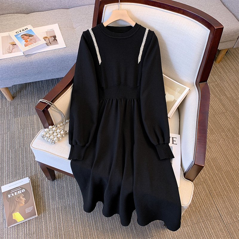 MY16058# 新款大码女装胖mm圆领收腰针织内搭打底假两件连衣裙女裝貨...