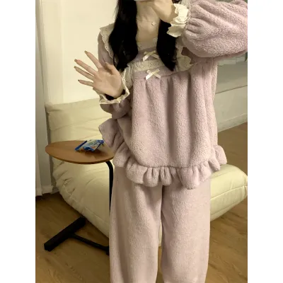 现货实拍韩版冬季保暖加厚珊瑚绒甜美少女纯色韩版睡衣家居服套装